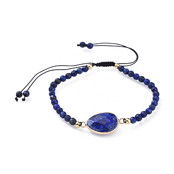 Adjustable Natural Lapis Lazuli(Dyed) Braided Bead Bracelets, with Brass Findings, Faceted, 2-1/8 inch(5.4cm)