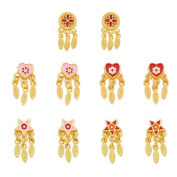 10Pcs 5 Styles Alloy Pendants, with Enamel, Heart & Star & Flat Round and Feather, Matte Gold Color, Mixed Color, 21.5~23mm, Hole: 3~4mm, 2pcs/style