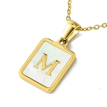 Ion Plating(IP) Rectangle with Initial Letter 304 Stainless Steel Pendant Necklace, white Shell, Real 18K Gold Plated, Letter M, 16.06 inch(40.8cm)