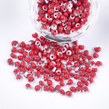 Glass Seed Beads, Fringe Teardrop Beads, Opaque Colours, Two Tone, FireBrick, 3.5~4x2.5~6mm, Hole: 1mm, about 4500pcs/bag