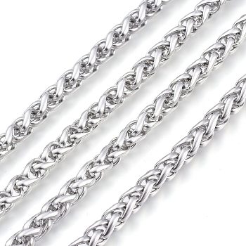 304 Stainless Steel Wheat Chains, Unwelded, with Spool, Stainless Steel Color, 5mm, about 32.8 Feet(10m)/roll