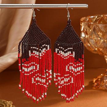 Red Tassel Heart Pattern Dangle Earrings, Hand-woven Glass Beads, Platinum, 120x35mm