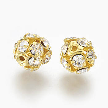 Golden Plated Brass Rhinestone Beads, Round, Crystal, 8mm, Hole: 1mm