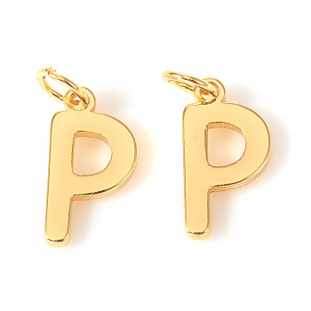 Brass Charms, with Jump Rings, Letter, Real 18K Gold Plated, Letter.P, P: 10x5.5x1mm, Hole: 2.5mm