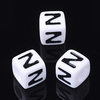 Acrylic Horizontal Hole Letter Beads, Cube, White, Letter Z, Size: about 7mm wide, 7mm long, 7mm high, hole: 3.5mm, about 200pcs/50g