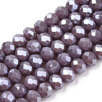 Electroplate Glass Beads Strands, Pearl Luster Plated, Faceted, Rondelle, Old Rose, 8x6mm, Hole: 1~1.4mm, about 64~65pcs/strand, 40~41cm