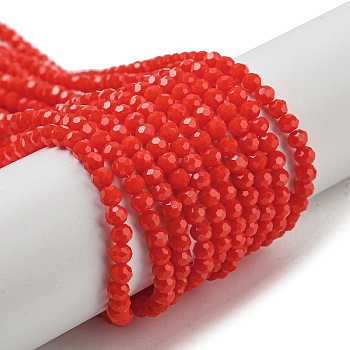 Opaque Glass Beads Stands, Faceted(32 Facets), Round, Red, 3~3.5mm, Hole: 0.6mm, about 174~175pcs/strand, 21.18''~21.34''(53.8~54.2cm)