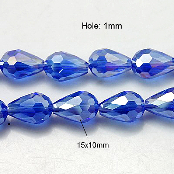 Electroplate Glass Beads Strands, AB Color Plated, Faceted Teardrop, Deep Sky Blue, 15x10mm, Hole: 1mm, 50pcs/strand, 27.1 inch
