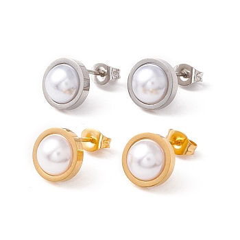 6 Pair Shell Pearl Half Round Stud Earrings, 304 Stainless Steel Post Earrings for Women, White, Mixed Color, 10mm, Pin: 1mm