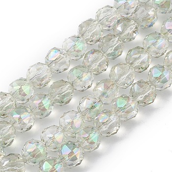Transparent Electroplate Glass Beads Strands, Faceted, Round, Full Rainbow Plated, Dark Sea Green, 9~10x9~9.5mm, Hole: 1.4mm, about 54~60pcs/strand, 18.90~21.65 inch(48~55cm)