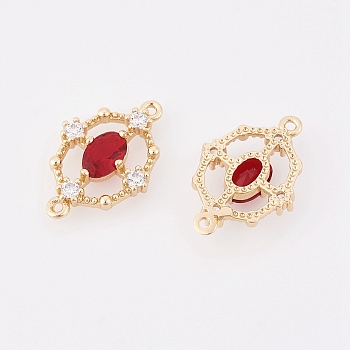 Brass Cubic Zirconia Links, Real 18K Gold Plated, Nickel Free, Oval, Red, 17.5x12x2.5mm, Hole: 1mm