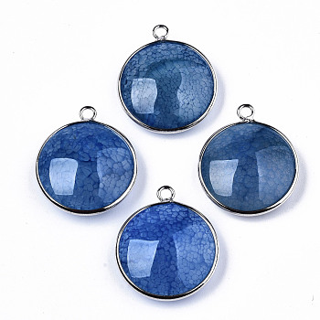 Natural Crackle Agate Pendants, with Platinum Plated Brass Findings, Dyed & Heated, Flat Round, Steel Blue, 27~28x23~24x7~9.5mm, Hole: 2mm