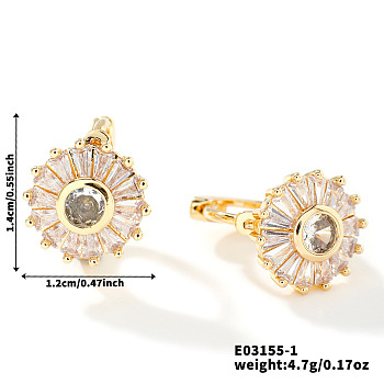 Luxury Flat Round Brass Stud Earrings, with Exquisite Design Rhinestone, Golden, 14x12mm