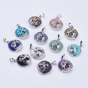 Natural & Synthetic Mixed Stone Pendants, with Brass Findings, Flat Round with Fox, Platinum, 28~29x23~24x9~10mm, Hole: 5x7mm