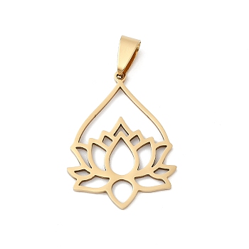 201 Stainless Steel Pendants, Lotus, Real 18K Gold Plated, 33.5x25x1mm, Hole: 8x4.5mm