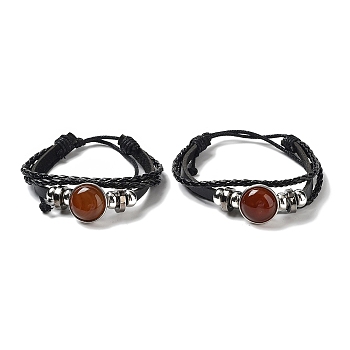 Natural Natural Carnelian Multi-strand Bracelets, Adjustable PU Leather Braided Cord Bracelets for Unisex, Inner Diameter: 2-3/8~2-7/8 inch(5.9~7.3cm)