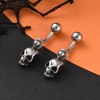 Skull 316 Surgical Stainless Steel Dangle Belly Button Rings, Piercing Navel Rings, Barbell Body Jewelry for Women, Antique Silver, 27x6.5mm