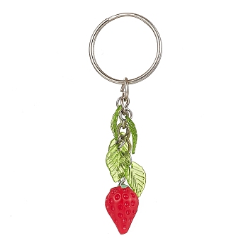 Resin Strawberry Pendant Keychain, with Acrylic Leaf Charm and Iron Keychain Ring, Red, 7.5cm