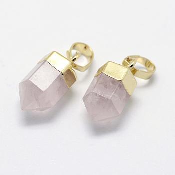 Natural Rose Quartz Pointed Charms, with Brass Findings, Long-Lasting Plated, Bullet, Golden, 15x6~6.5mm, Hole: 3.5x6mm