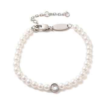 ABS Imitation Pearl & Rhinestone Beaded Bracelet with 304 Stainless Steel Clasps, White, 6-1/4~7-1/8 inch(16~18cm)