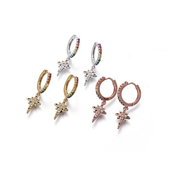 Brass Dangle Hoop Earrings, with Micro Pave Cubic Zirconia, Star, Colorful, Mixed Color, 29mm, Pin: 0.7mm