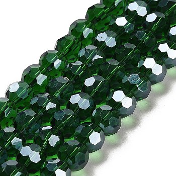 Faceted(32 Facets) Electroplate Glass Bead Strands, Pearl Luster Plated, Round, Dark Green, 8x7mm, Hole: 1mm, 67~69pcs/strand, 19.29~19.69 inch