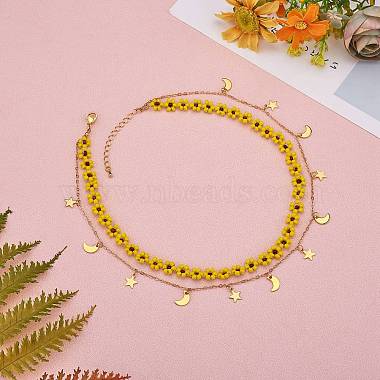Glass Seed Braided Flower Double Layer Necklace(NJEW-SW00015-02)-3