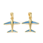 Brass Enamel Pendants, Airplane Charms, Real 18K Gold Plated, Blue, 17x17.5x3.5mm, Hole: 2.5x3.5mm(KK-CBA76C6-01G-A)