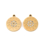 304 Stainless Steel Rhinestone Pendants, Flat Round with Sun Charms, Ion Plating(IP), Real 18K Gold Plated, 15x13x2mm, Hole: 1.5mm(STAS-Z188-01G)