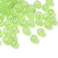 Transparent Lawn Green Acrylic Beads, Horizontal Hole, Mixed Letters, Flat Round with White Letter, 7x4mm, Hole: 1.5mm, 100pcs/Bag(TACR-YW0001-08H)