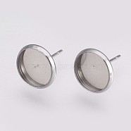 202 Stainless Steel Stud Earring Settings, with 304 Stainless Steel Pins, Flat Round, Stainless Steel Color, Tray: 10mm, 12x2mm, Pin: 0.8mm(X-STAS-I088-E-03P)