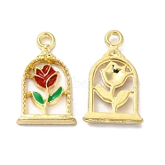 Alloy Enamel Pendants, Golden, Arch with Rose Charm, Red, 18x11x2.5mm, Hole: 1.5mm(ENAM-D046-13G-01)