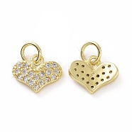 Brass Micro Pave Cubic Zirconia Charms, Real 18K Gold Plated, with Jump Ring, Heart, Clear, 9x10.5x1.5mm, Jump Ring: 5x0.8mm, Inner Diameter: 3.2mm(KK-E068-VF033)