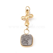 Electroplated Natural Druzy Quartz Pendants, with Ion Plating(IP) 304 Stainless Steel Findings, Hematite Plated, Cross & Square, Golden, 38mm, Jump Ring: 5x0.6mm, 3.8mm Inner Diameter(G-K243-02G)