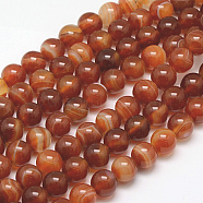 Natural Striped Agate/Banded Agate Beads Strands, Dyed, Round, FireBrick, 10mm, Hole: 1mm(G-G591-10mm-03)