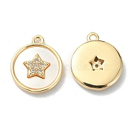 Brass Micro Pave Cubic Zirconia Charms, with Shell, Flat Round with Star Charm, Real 18K Gold Plated, 15x12x3mm, Hole: 1.5mm(KK-B072-02G)