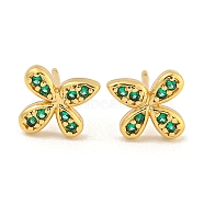 Rack Plating Brass Micro Pave Clear Cubic Zirconia Stud Earrings, with Ear Nuts, Long-Lasting Plated, Flower, Green, 7.5x8.5mm(EJEW-N055-02G-03-RS)