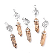 Natural Picture Jasper Pointed Big Pendants, Double Terminated Pointed, with Platinum Plated Brass Findings, Faceted, Bullet, 59~67x14~15mm, Hole: 7x5mm, Gemstone: 41~44x8mm(G-D0021-01P-02)