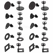 30Pcs 5 Style 304 Stainless Steel Stud Earring Findings, with Hle & Earring Backs, Donut & Flat Round & Square & Teardrop & Heart, Electrophoresis Black, 10~13.5x6~9x0.8~1mm, Hole: 1~1.6mm, Pin: 0.7~0.8mm, 6Pcs/style(STAS-SC0004-31)