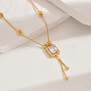 Fashionable Vintage Brass & Glass Tassel Rectangle Pendant Necklaces for Women, Real 18K Gold Plated, Clear, 17.52 inch(44.5cm)(WB8408-1)