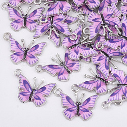 Printed Alloy Pendants, with Enamel, Butterfly, Platinum, Violet, 14x20.5x1.5mm, Hole: 1.6mm(X-PALLOY-R111-14C)