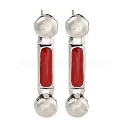 304 Stainless Steel Enamel Stud Earrings, for Women, Rectangle with Round, Stainless Steel Color, Red, 36x8mm(EJEW-S229-15P-05)