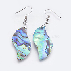 Abalone Shell/Paua Shell Dangle Earrings, with Brass Findings, Platinum, 60.5~61mm, Pin: 0.7mm(EJEW-F147-E06)