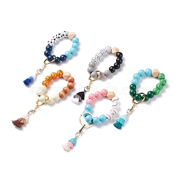Round & Polygon Natural Wood Beads Stretch Bracelets Keychains, with Polycotton Tassel Pendant and Alloy Findings, Mixed Color, 17.5~18cm(KEYC-JKC00318)
