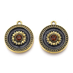 Alloy Enamel Pendants, with Rhinestone, Flat Round with Daisy Charm, Antique Golden, 22.5x20.5x3.5mm, Hole: 1.5mm(FIND-R148-01G)