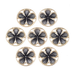 Alloy Filigree Joiners Links, with Polyester Thread, Flat Round with Flower, Golden, Black, 31x2mm(PALLOY-T063-02G-01)