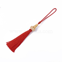 Boxwood Pendant Decorations, with Polyester Tassel, Buddha, Red, 380mm, Hole: 130mm(WOOD-S046-04)