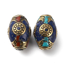 Handmade Tibetan Style Beads, with Brass Findings and Synthetic Turquoise, Antique Golden, Barrel, 24x15.5mm, Hole: 1.2mm(KK-G473-04AG)