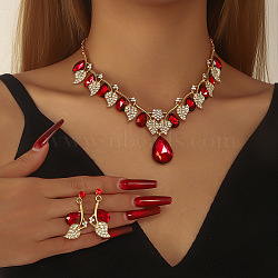 Alloy & Rhinestone & Glass Pendant Necklaces & Stud Dangle Earrings, Golden, Teardrop with Leaf, FireBrick, Necklace: 19.69 inch(50cm)(FS-WGB9FAE-01)