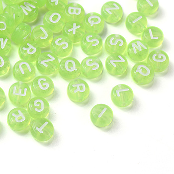 Transparent Lawn Green Acrylic Beads, Horizontal Hole, Mixed Letters, Flat Round with White Letter, 7x4mm, Hole: 1.5mm, 100pcs/Bag